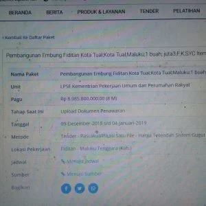 Ini nilai pagu paket Embung Fiditan Kota Tual LPSE Kementrian PUPR RI