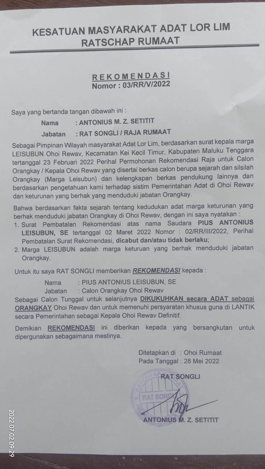 rekomendasi-raja-rumaat-kepada-Calon-Kepo-Marga-Leisubun.