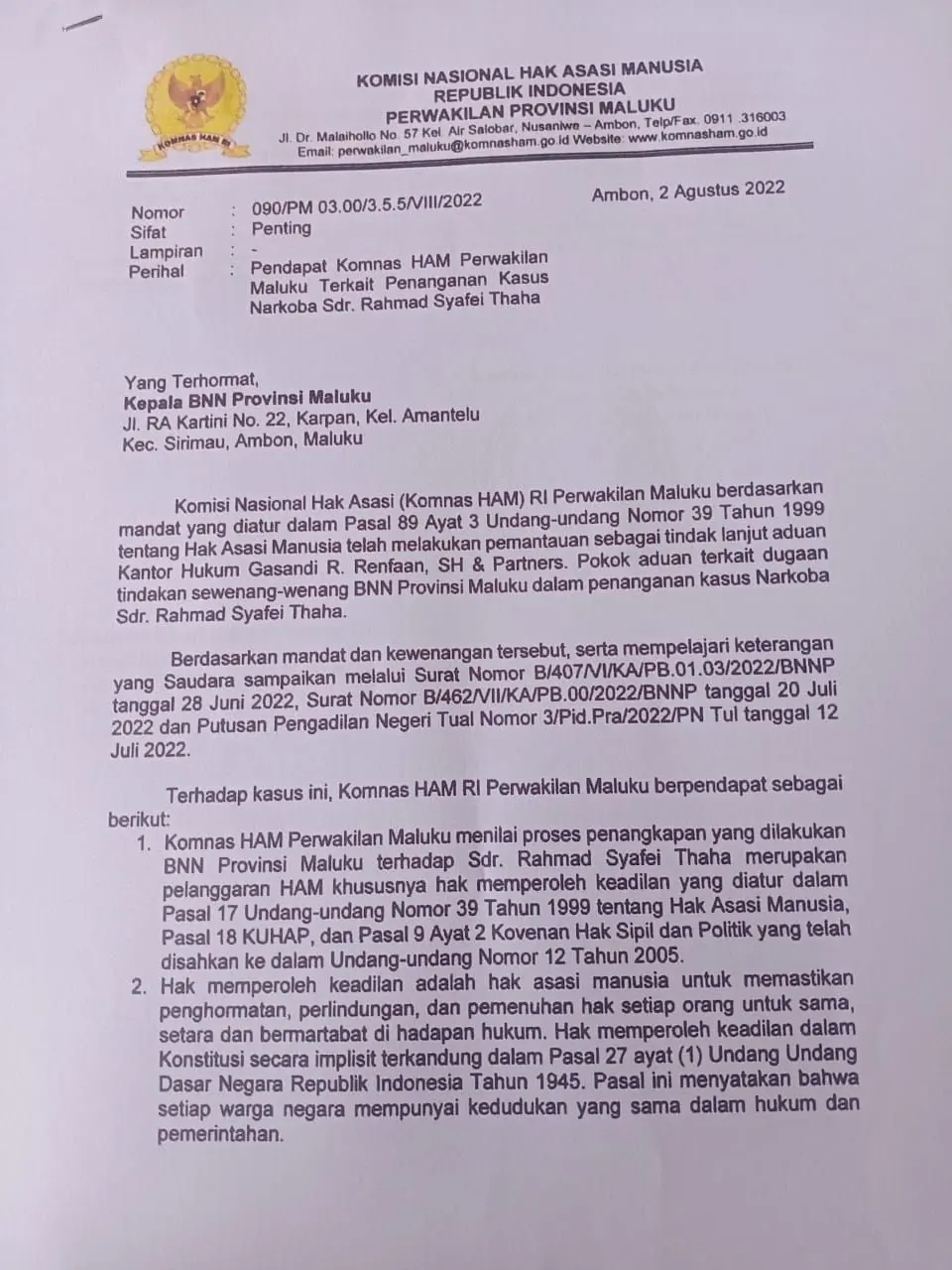 Ini bukti surat Komnas HAM Perwakilan Maluku