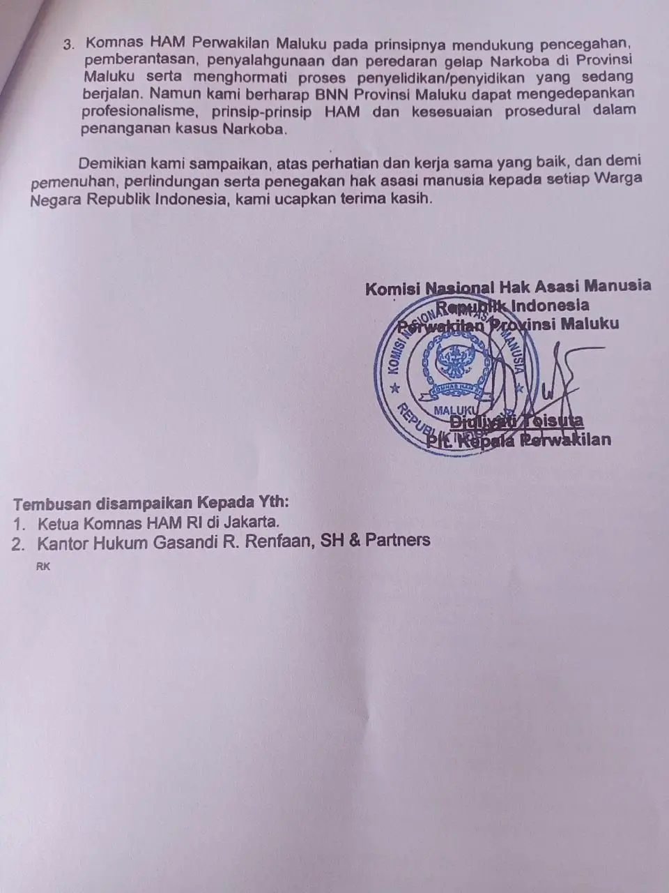 Ini bukti surat Komnas HAM Perwakilan Maluku