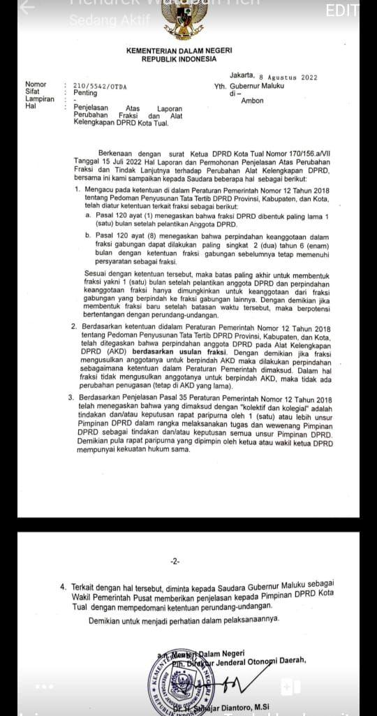 Ini surat Dirjen Otda Kemendagri Soal AKD DPRD Kota Tual