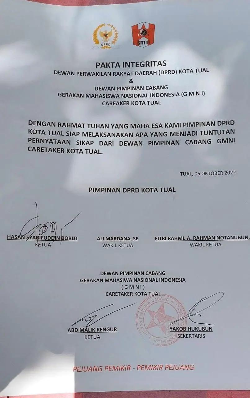 Ini fakta integritas GMNI bersama DPRD Kota Tual