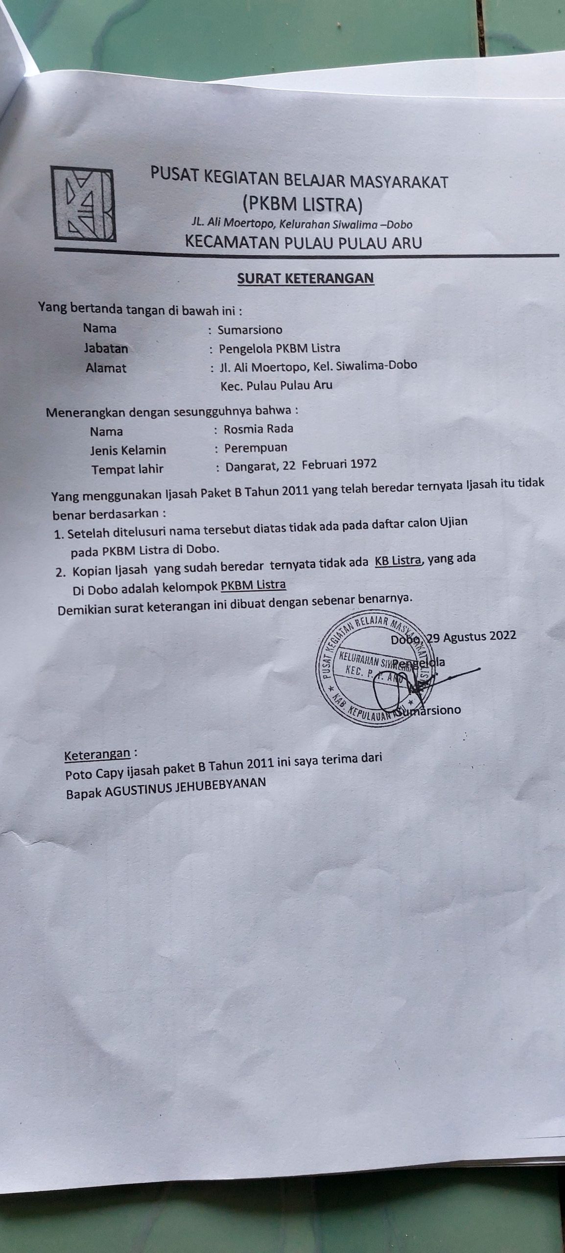 Ini surat keterangan Ketua PKBM Listra Dobo