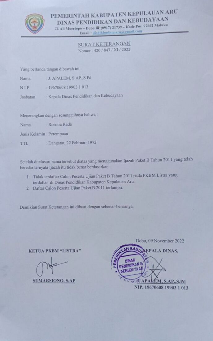 Ini bukti surat Dinas Pendidikan dan Kebudayaan Kabupaten Kepulauan Aru