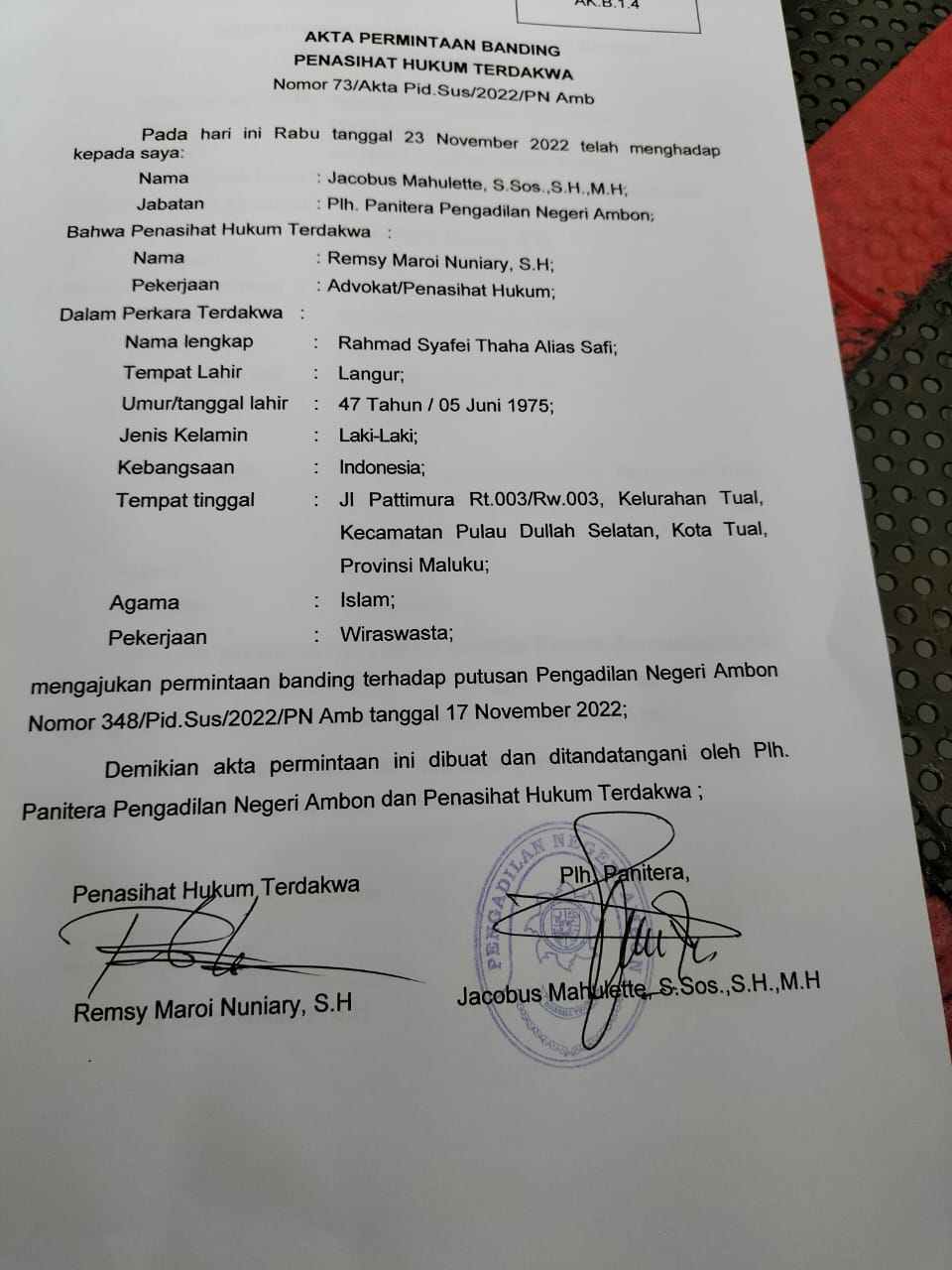 Ini bukti pengajuan banding oleh PH Rahmad Syafei Thaha alias Safi di PN Ambon