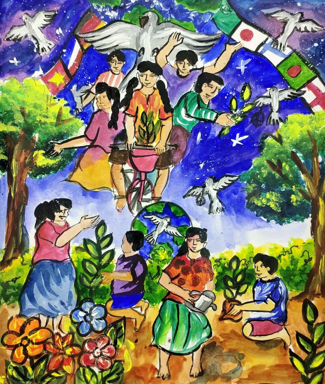 Ini salah satu hasil karya lukisan gambar anak anak sebagai pesan perdamaian untuk dunia