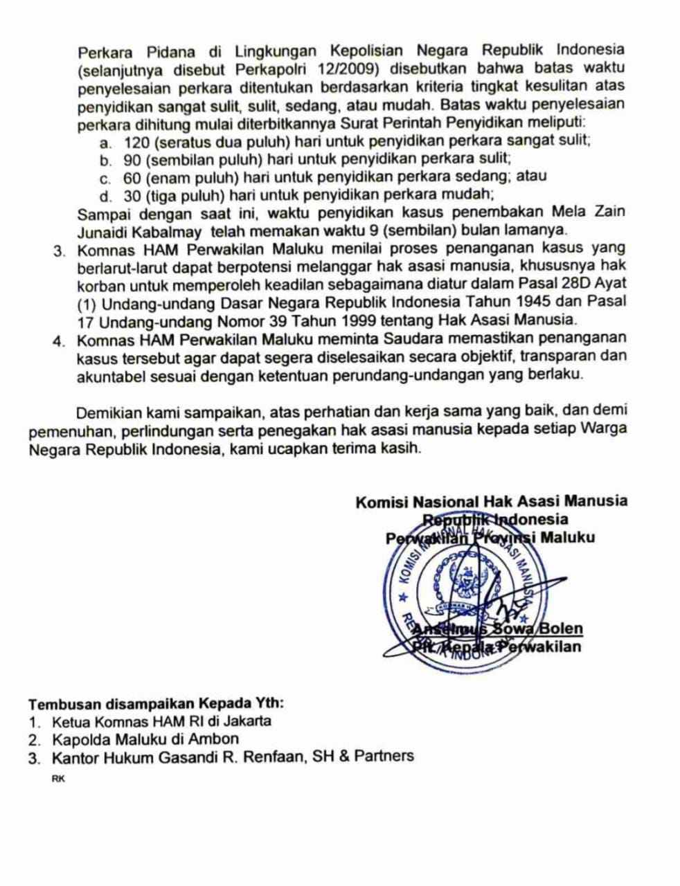 Ini bukti surat Komnas HAM Maluku kepada Kapolres Tual