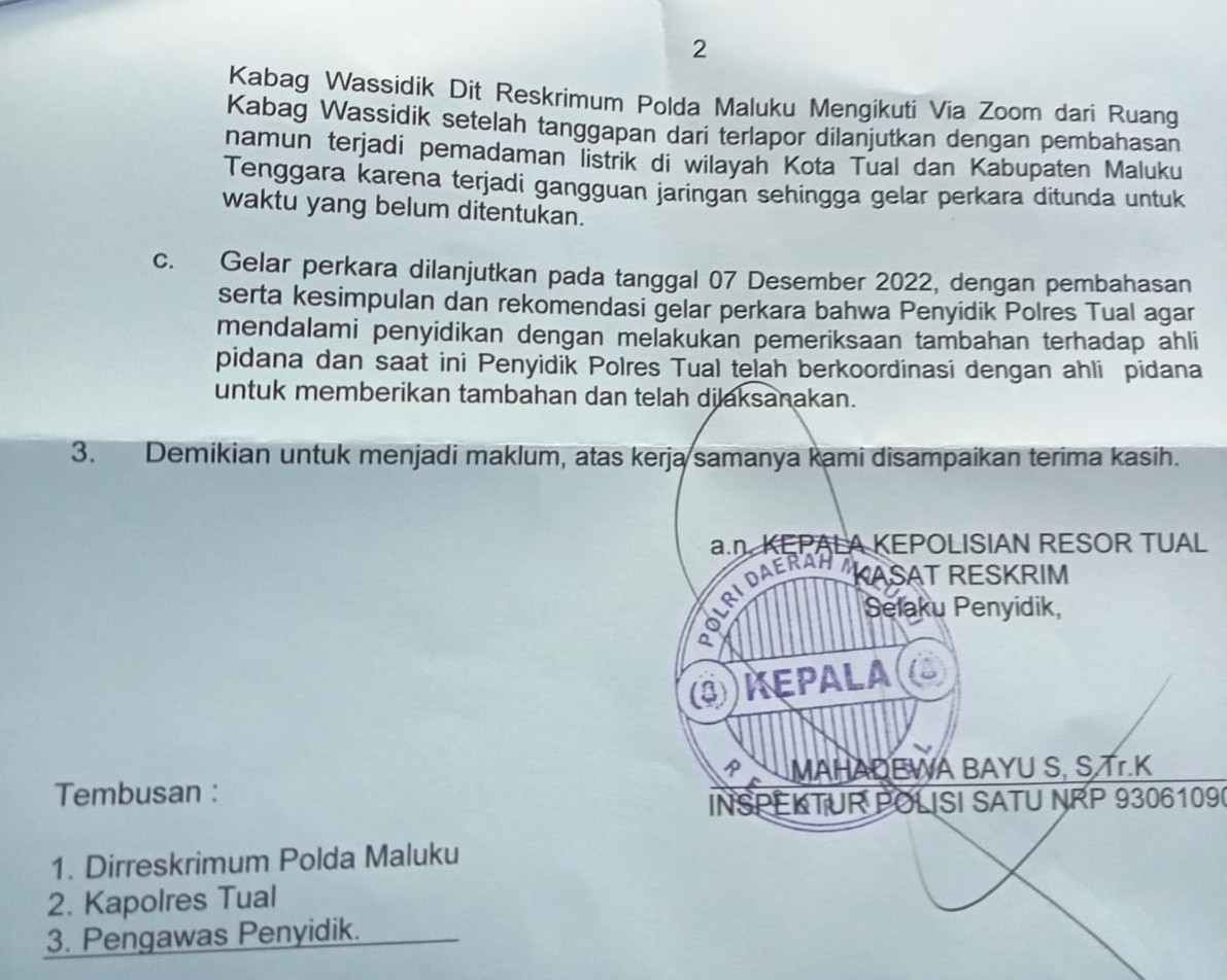 Ini bukti Surat SP2HP Reskrim Polres Tual
