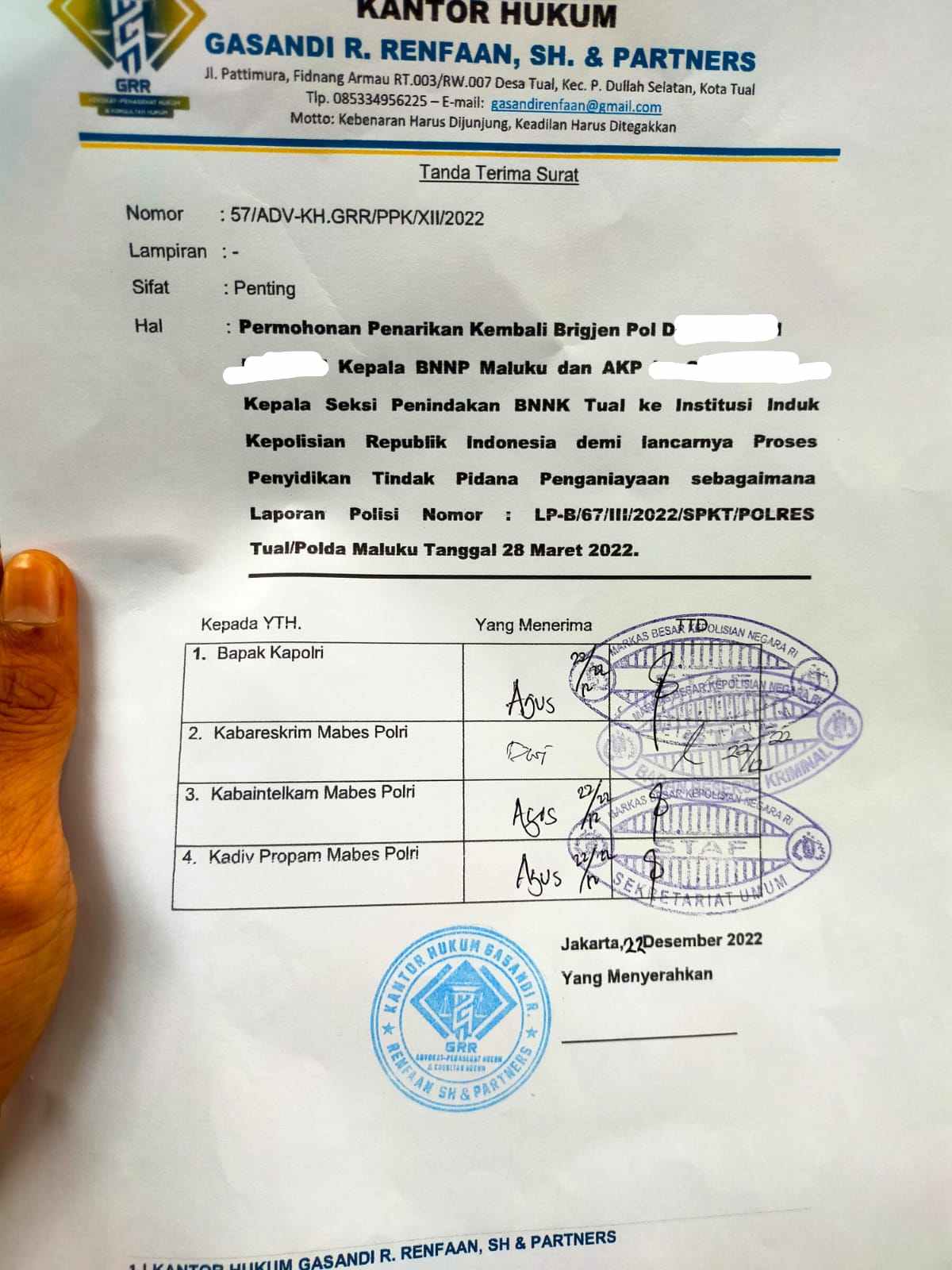 Ini bukti surat PH pelapor penembakan yang sudah diterima.Kapolri