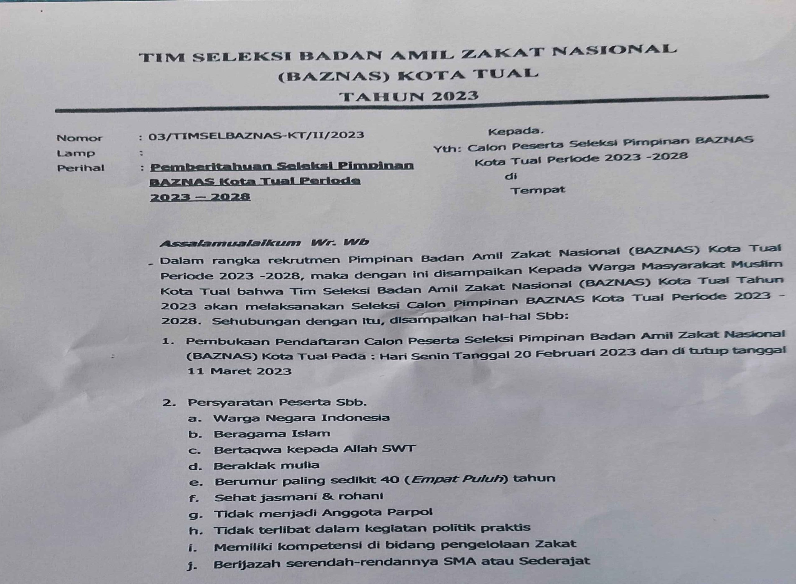 Iklan Seleksi Pimpinan Baznas Kota Tual periode 2023 - 2028