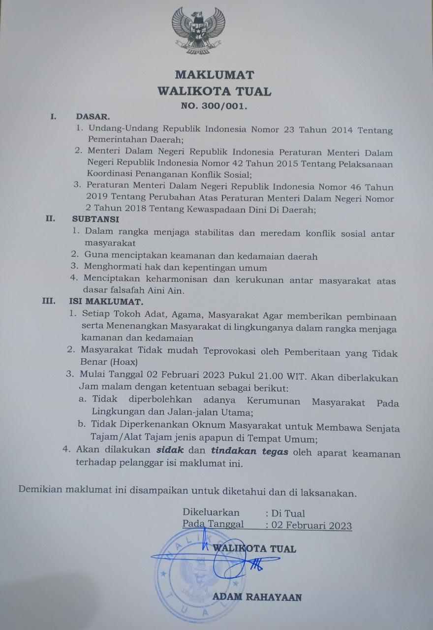 Ini Maklumat Walikota Tual, Kamis 2 Februari 2023