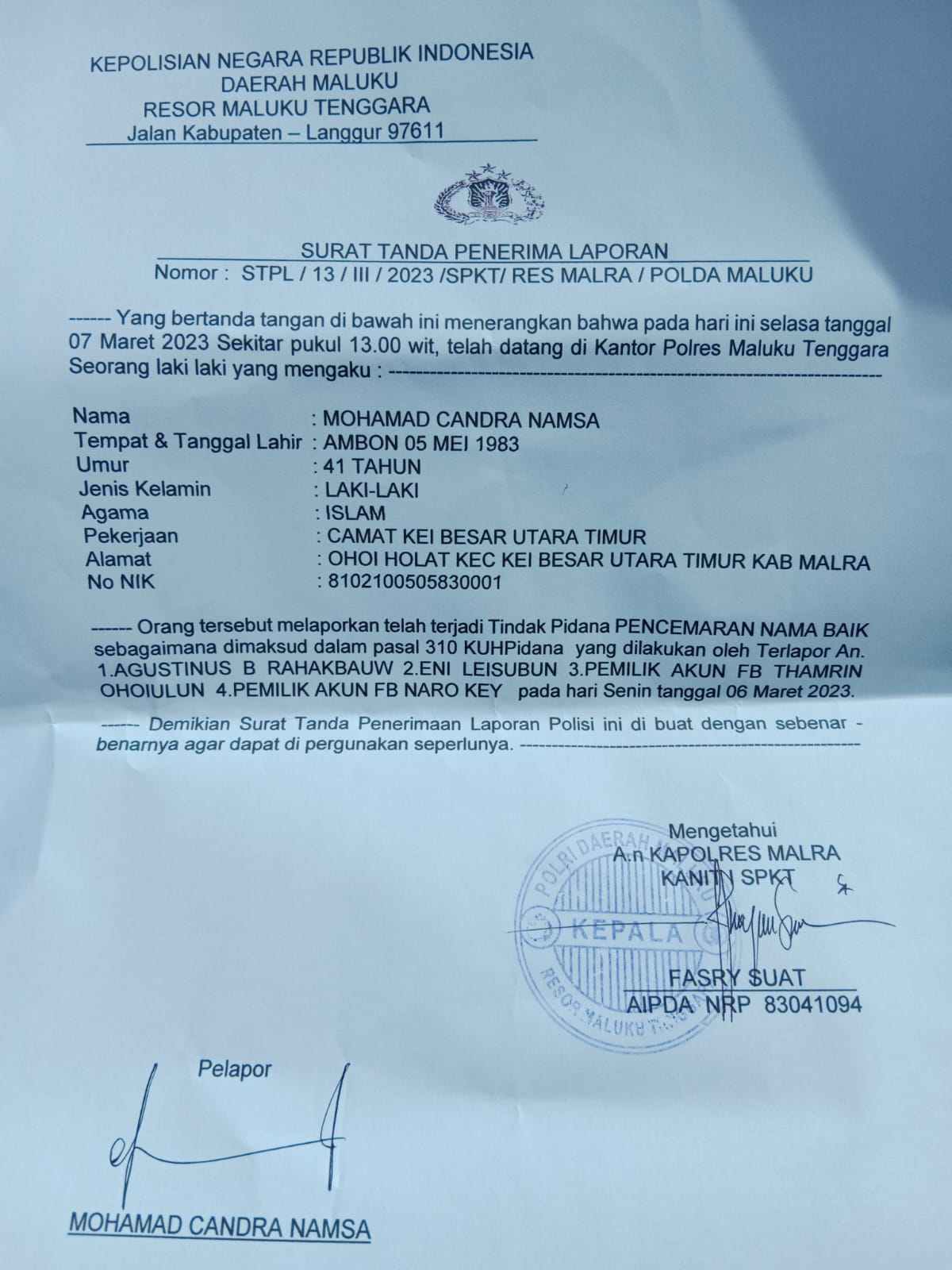 Ini laporan polisi yang dibuat Camat Kei Besar Utara Timur di Polres Malra, selasa 07 Maret 2023