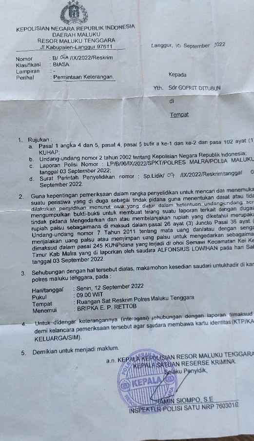 Ini bukti laporan polisi uang palsu di Polres Malra