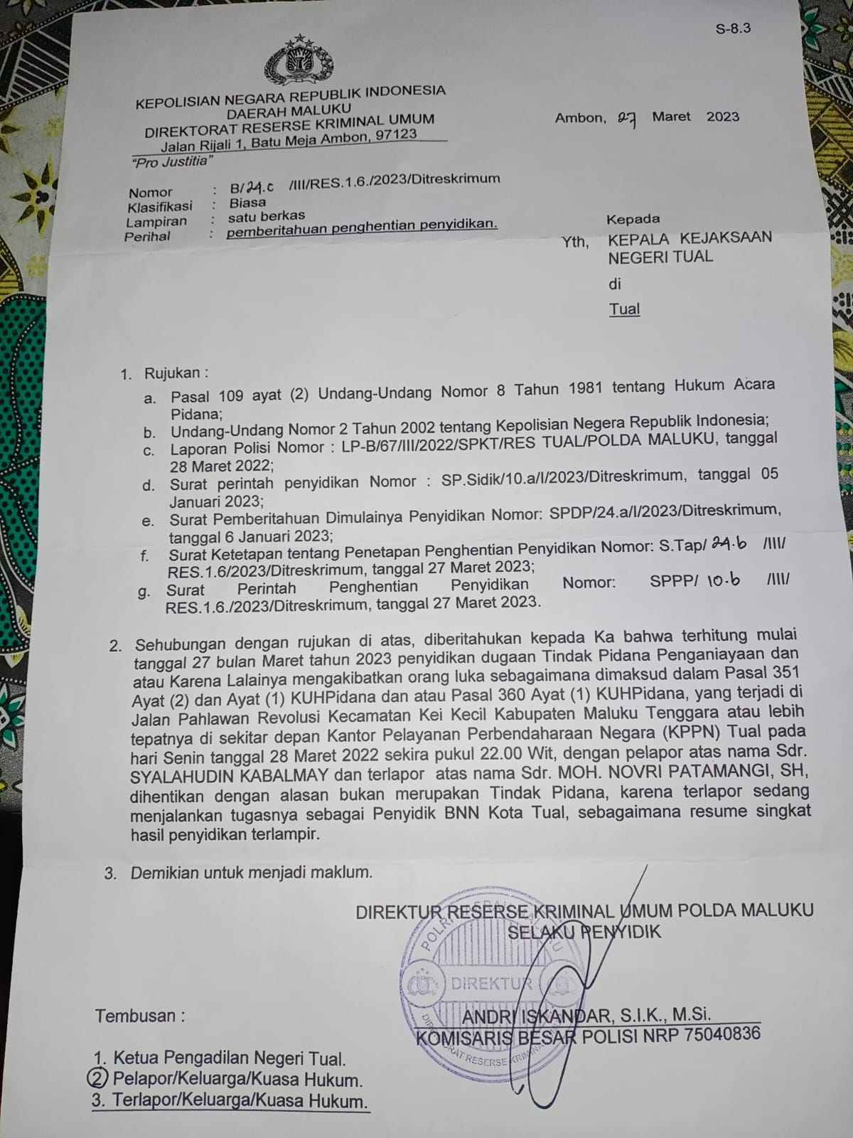 Ini bukti satu lembar SP3 Polda Maluku dalam kasus penembakan di Kota Tual, diterima Pelapor Syahlahudin Kabalmay, Kamis 30 Maret 2023, pukul 14.28 WIT