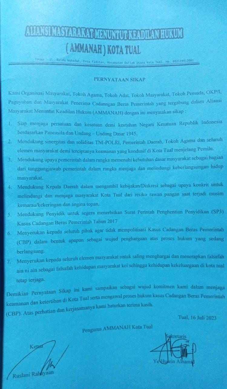 Ini bukti surat pernyataan sikap bersama AMANAH yang dibacakan di Panggung Rakyat Kota Tual, Minggu 16 Juli 2023