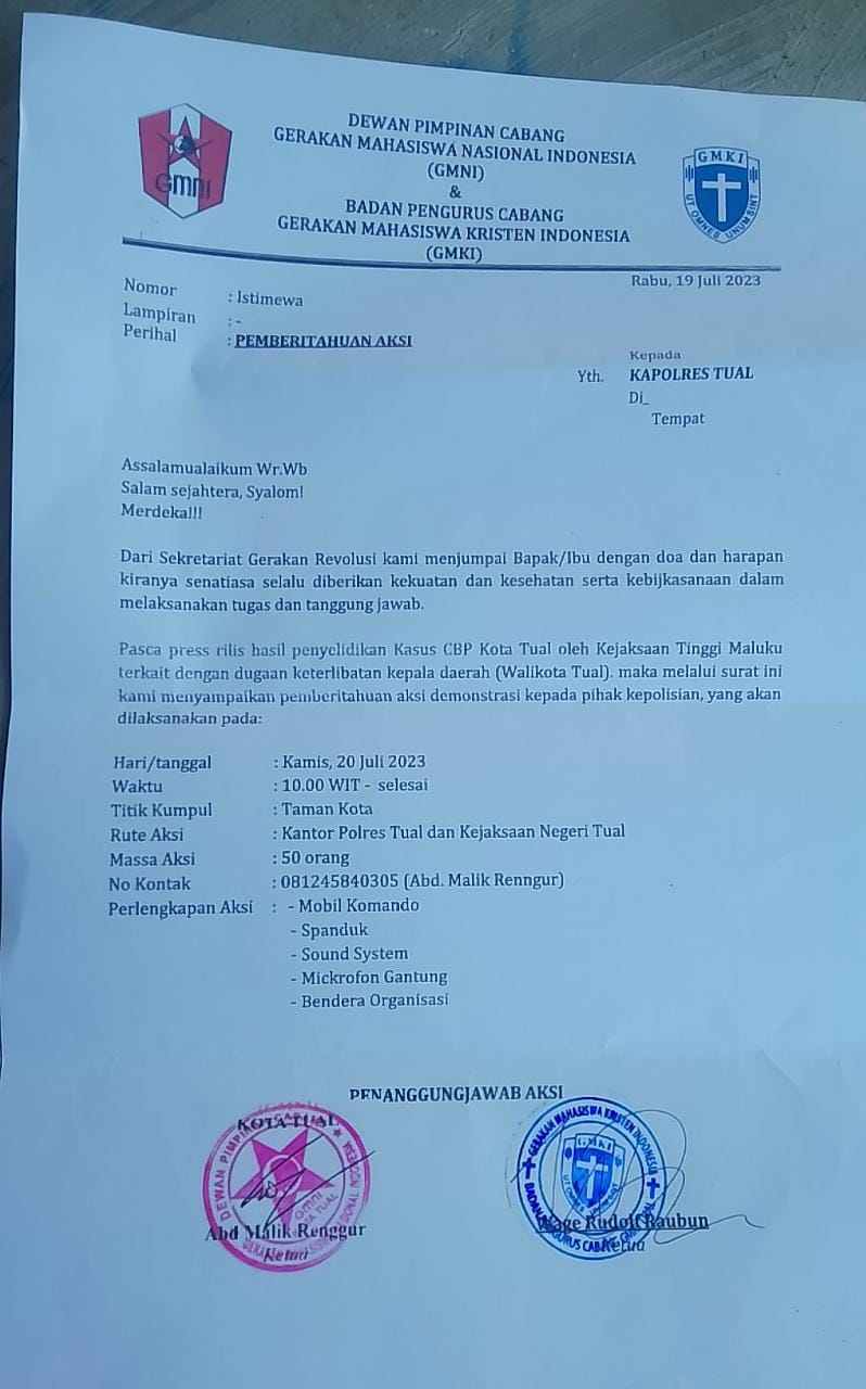Ini surat pemberitahuan aksi demo GMNI dan GMKI kepada Polres Tual