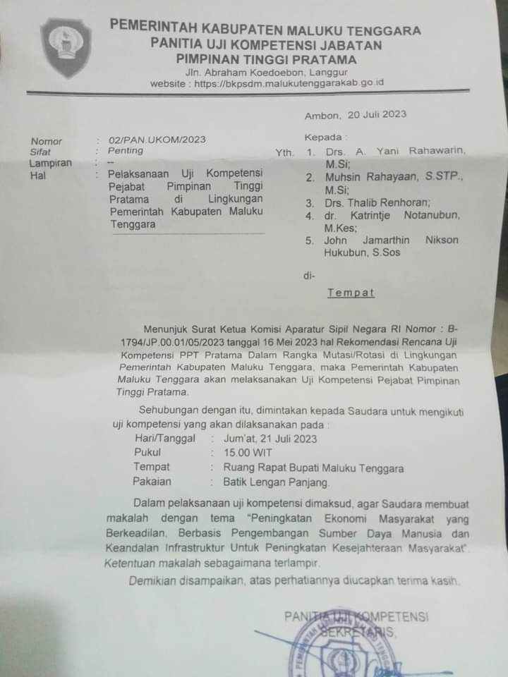 Ini surat Panitia Seleksi Uji Kompetensi PPT Pratama Pemkab Malra, Kamis 20 Juli 2023