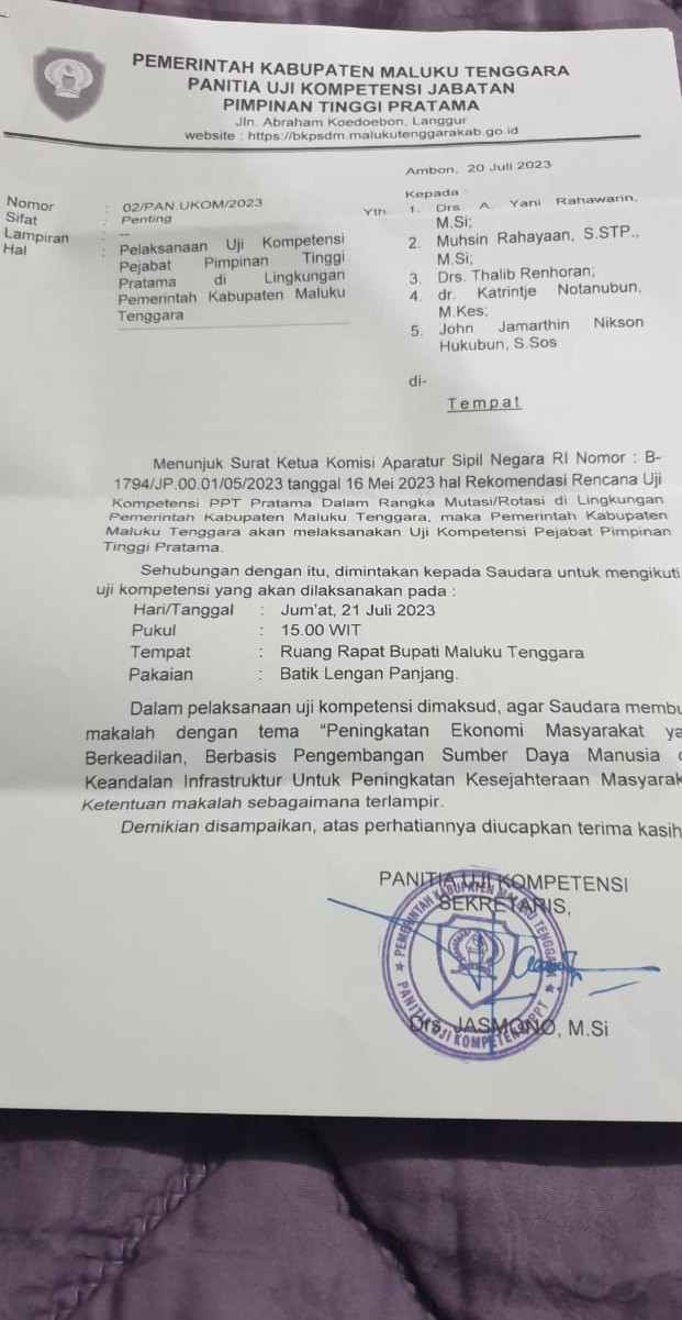 Ini bukti surat tim pansel uji kompetensi PPT Pratama Kabupaten Maluku Tenggara, Kamis 20 Juli 2023