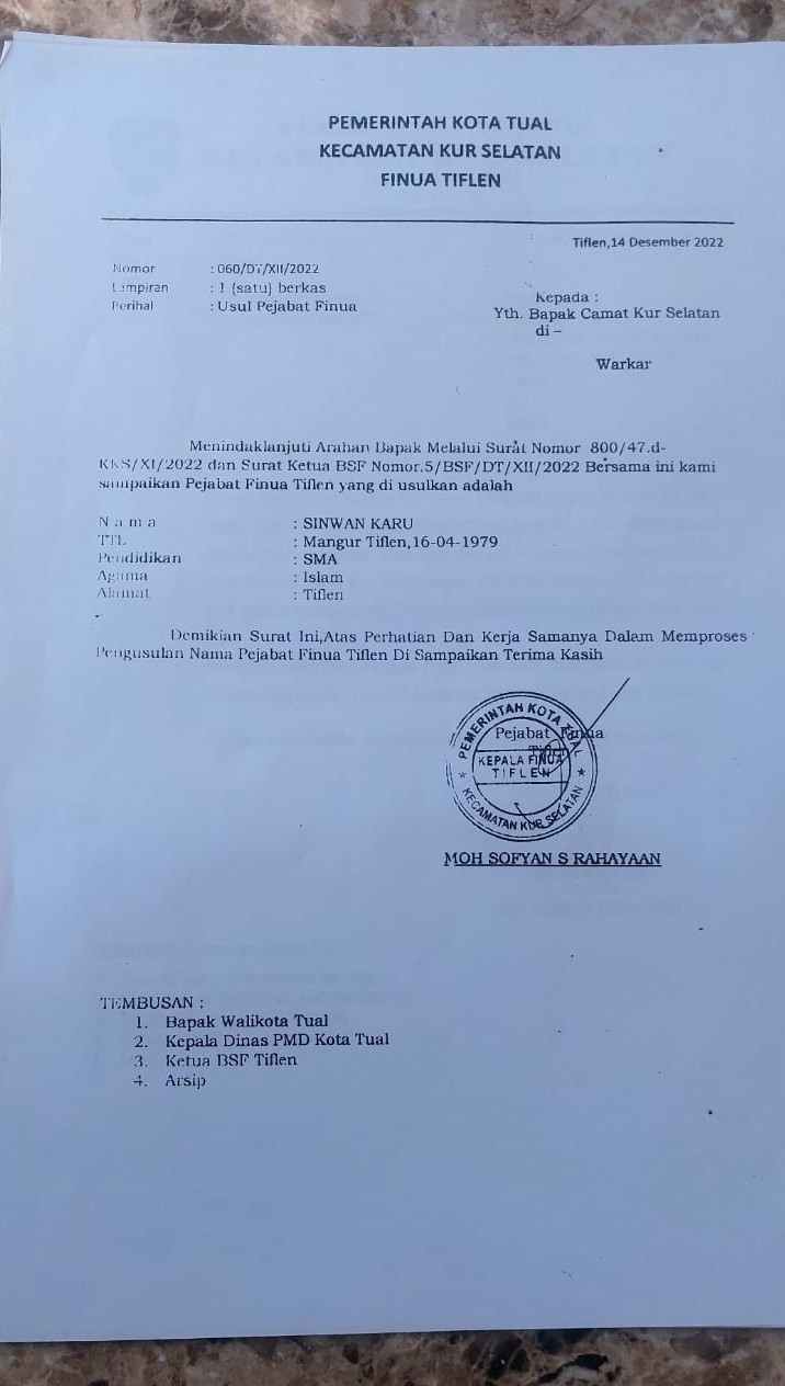 Ini bukti surat Penjabat Kepala Finua Tiflen kepada Camat Kur Selatan