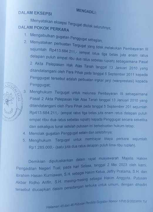 Ini bukti putusan PN Tual