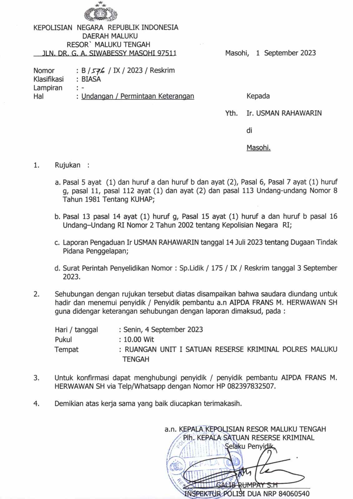 Ini bukti surat undangan Sat Reskrim Polres Malteng kepada Pelapor Usman Rahawarin ( dok - tualnews.com)