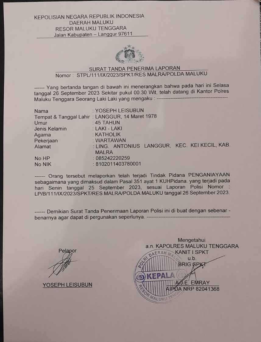 Ini bukti laporan polisi yang dibuat Wartawan Carang TV Ambon wilayah Kabupaten Malra dan Kota Tual, Yosep Leisubun di SPKT Polres Malra, Senin malam 25 September 2023