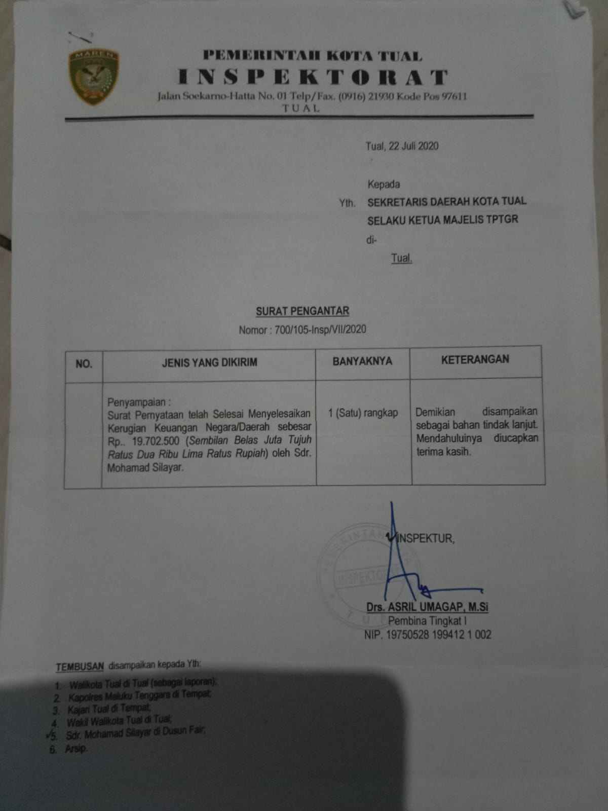 Ini bukti surat Kepala Inspektur Kota Tual