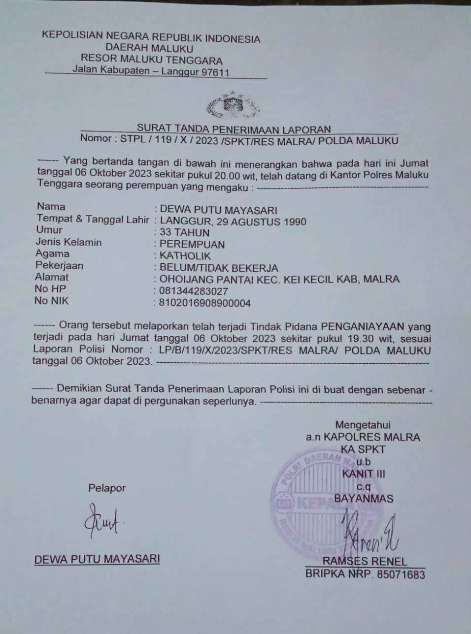 Ini bukti Laporan Polisi di Polres Malra