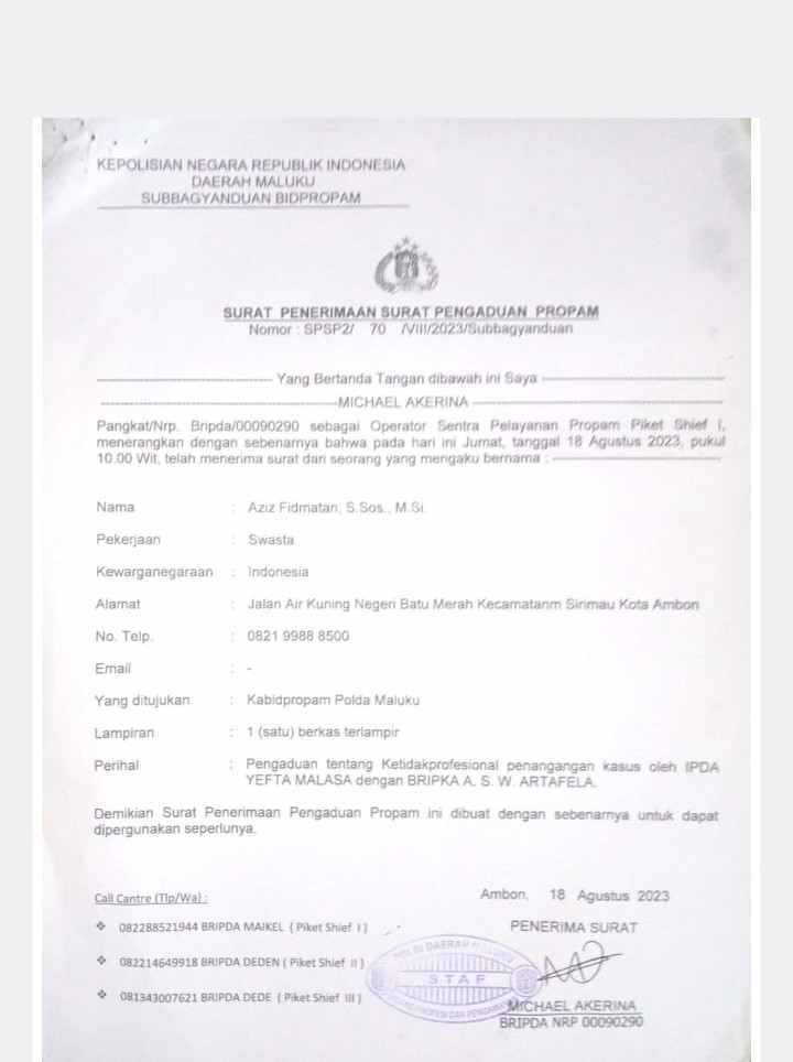 Ini bukti Laporan dua penyidik di Kabid Propam Polda Maluku