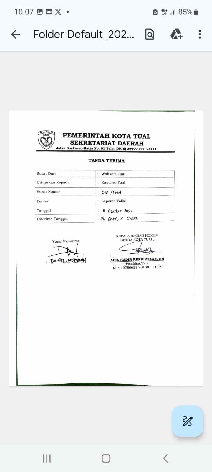 Ini bukti tanda terima Laporan Polisi yang dibuat Kabag Hukum Pemkot Tual di Polres Tual, Rabu 18 Oktober 2023