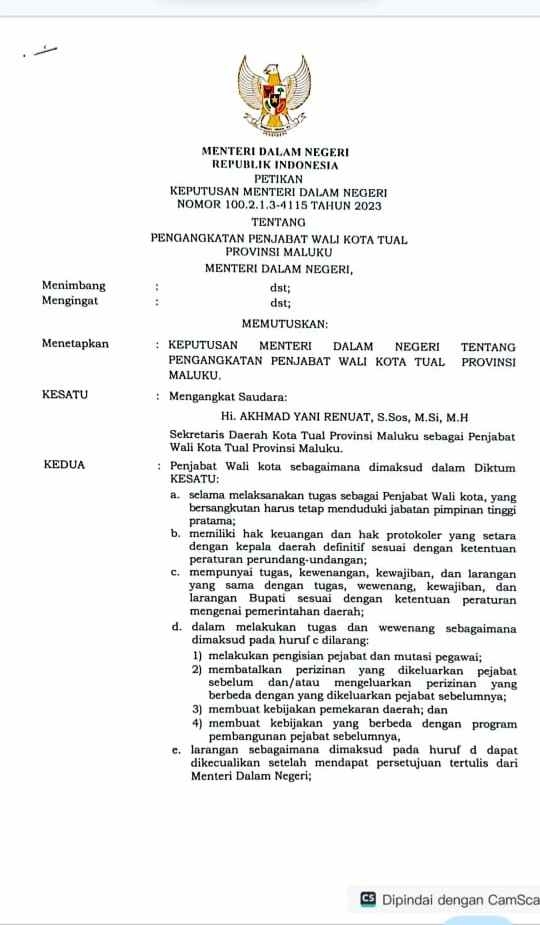 Ini bukti SK Pj Walikota Tual dari Kemendagri