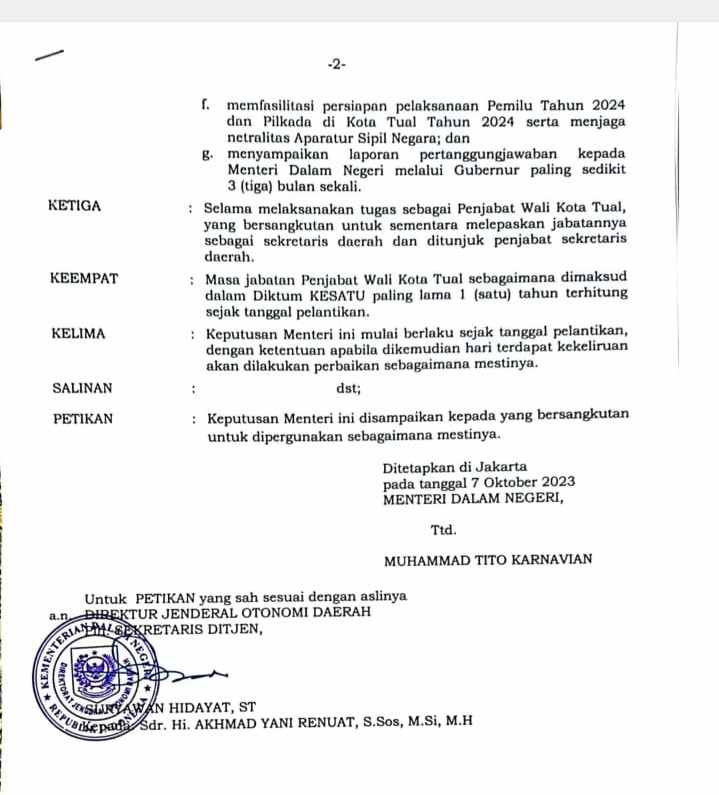 Ini bukti SK Pj Walikota Tual