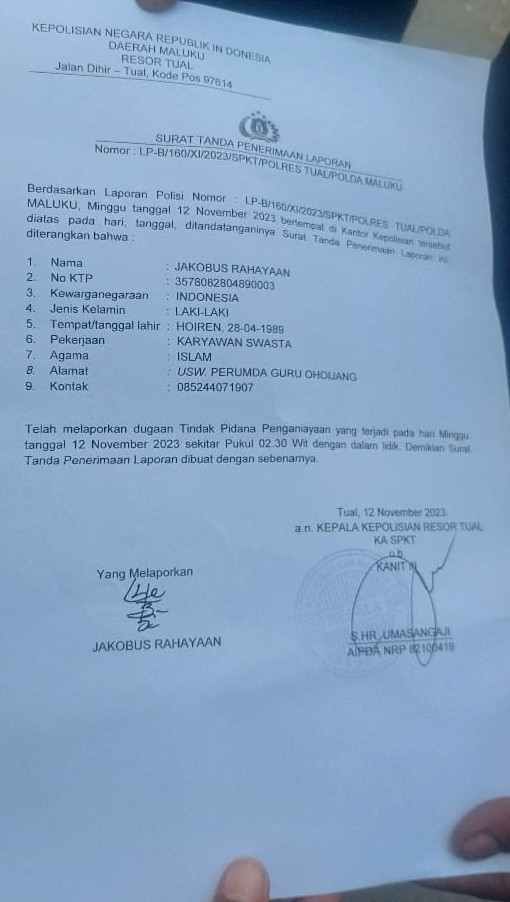 Ini bukti laporan polisi keluarga korban asal SBT di Polres Tual, Minggu 12 November 2023