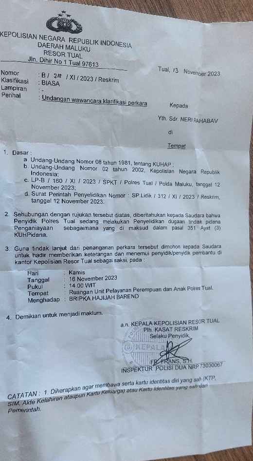 Ini bukti surat undangan Satreskrim Polres Tual kepada Wartawan Tual News