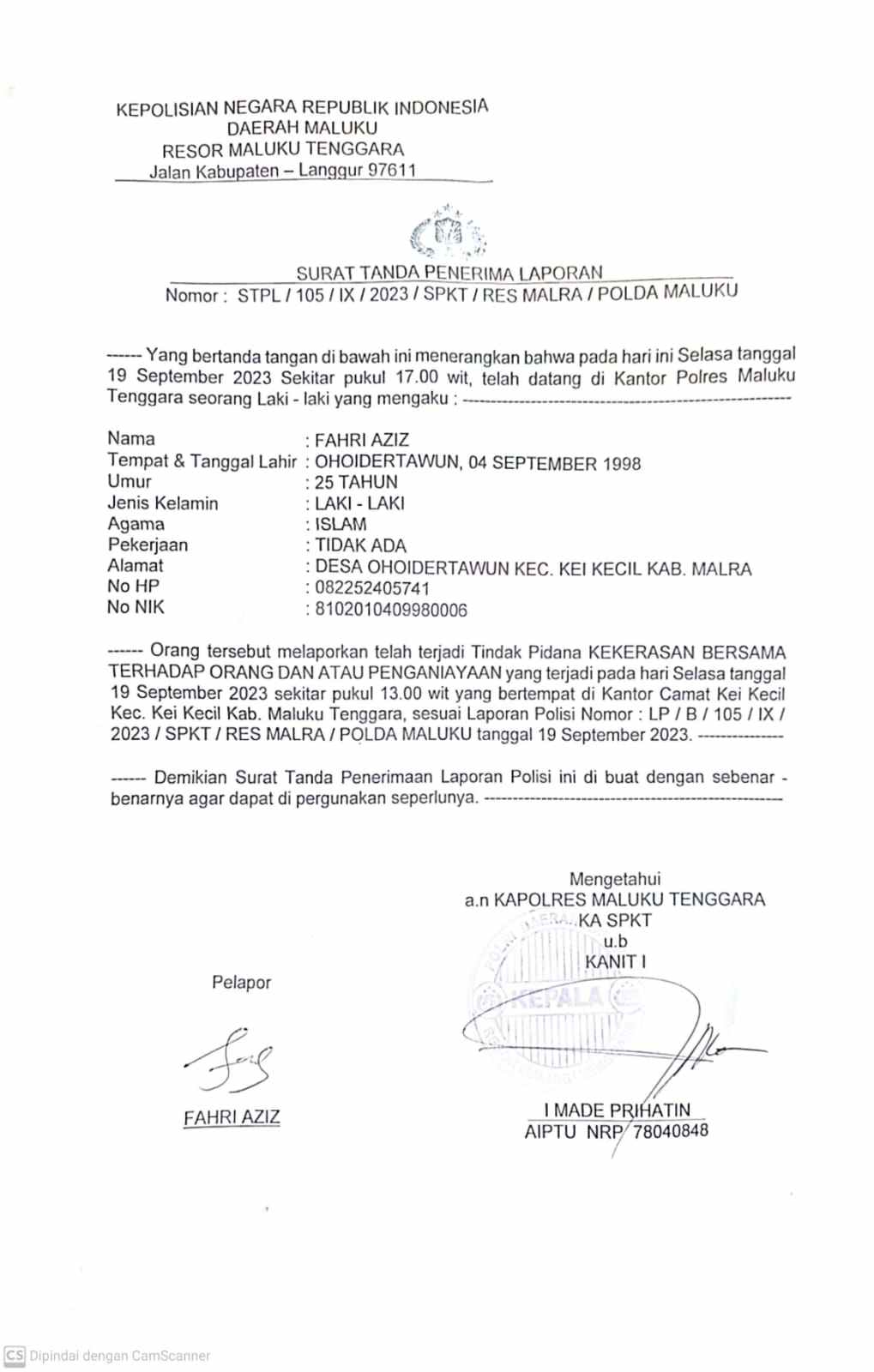 Ini bukti laporan polisi yang dibuat korban di SPKT Polres Maluku Tenggara