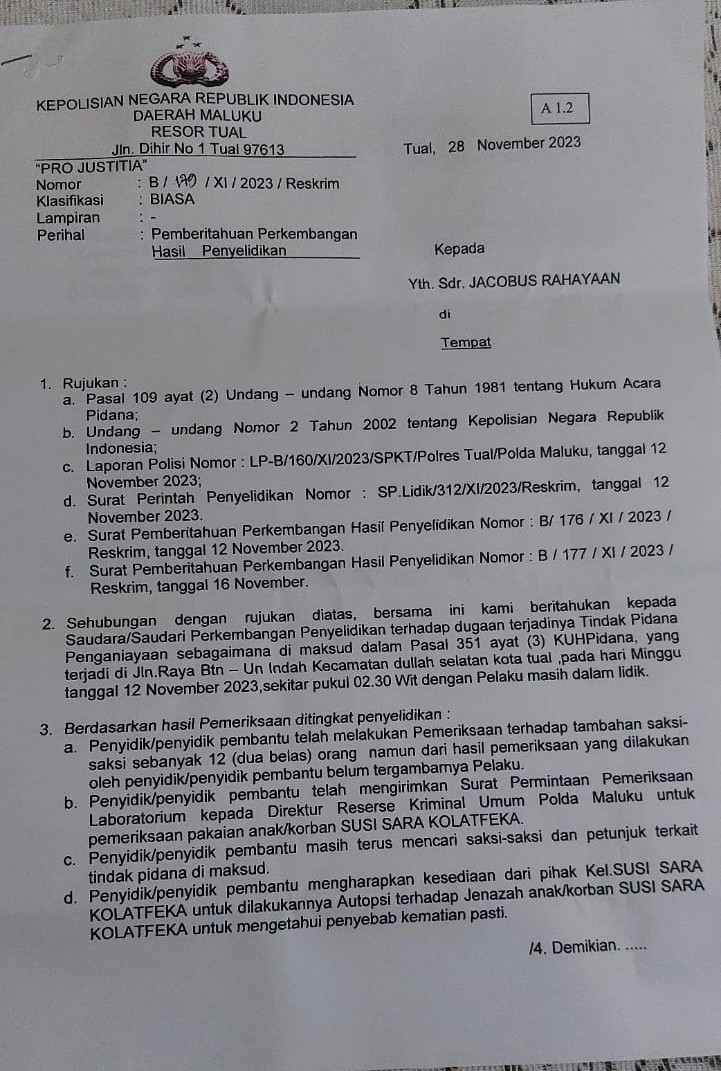 Ini bukti SP2HP kedua Satreskrim Polres Tual yang diterima PH Korban, Selasa 28 November 2023
