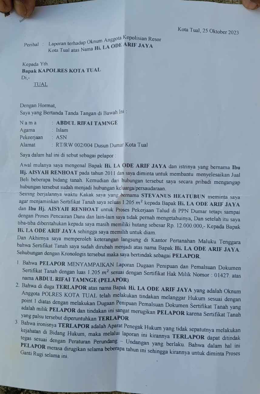 Ini bukti Laporan Rifai Tamnge kepada Kapolres Tual