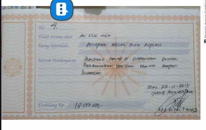 Ini salah satu bukti kwitansi penerimaan uang tanah oleh Abdul Rifai Tamnge