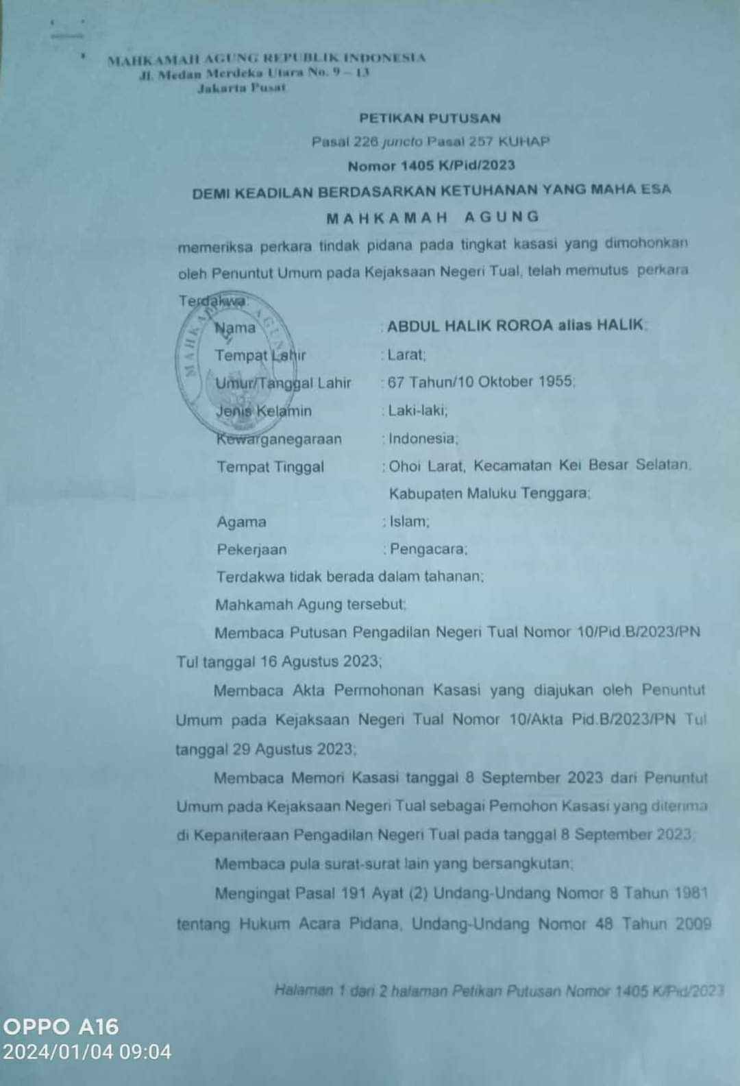 Ini Putusan Kasasi MA