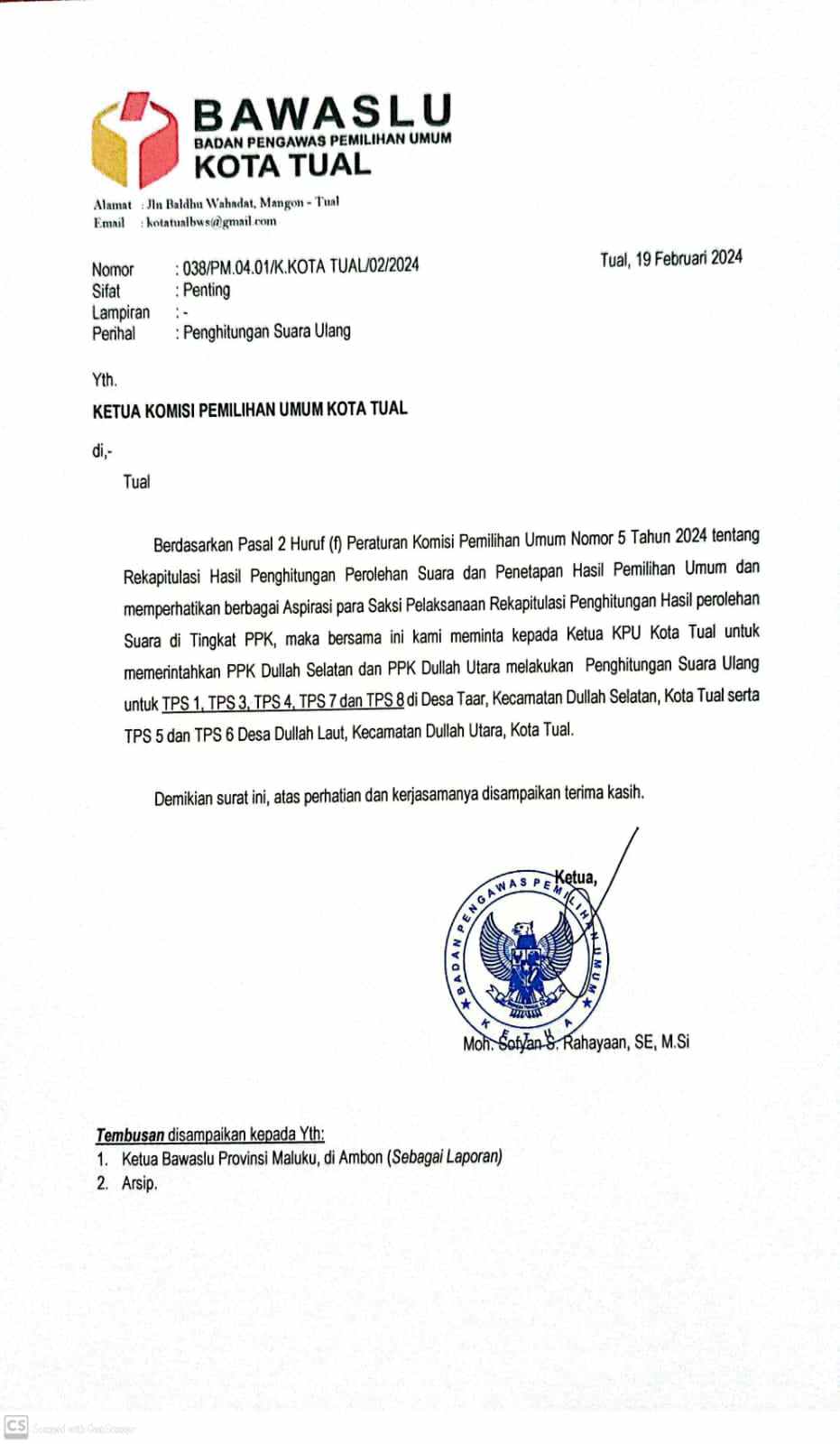 Ini Bukti Surat Bawaslu Kota Tual