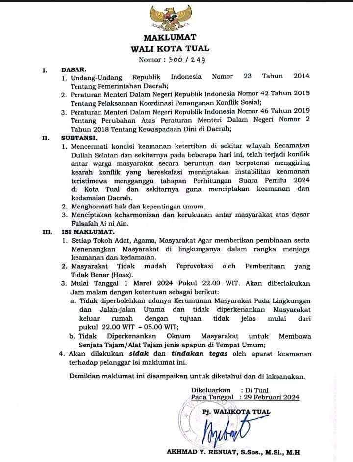 Ini Maklumat Wali Kota Tual Dalam Menjamin Kamtibmas