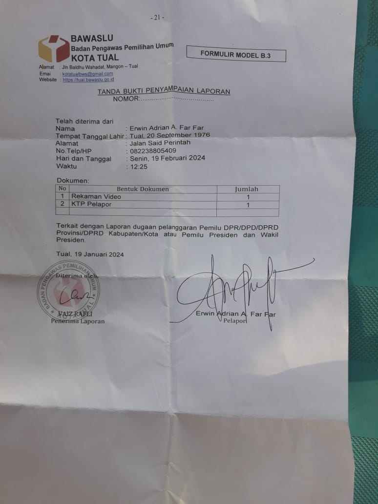 Ini tanda bukti surat penerimaan laporan Bawaslu Kota Tual