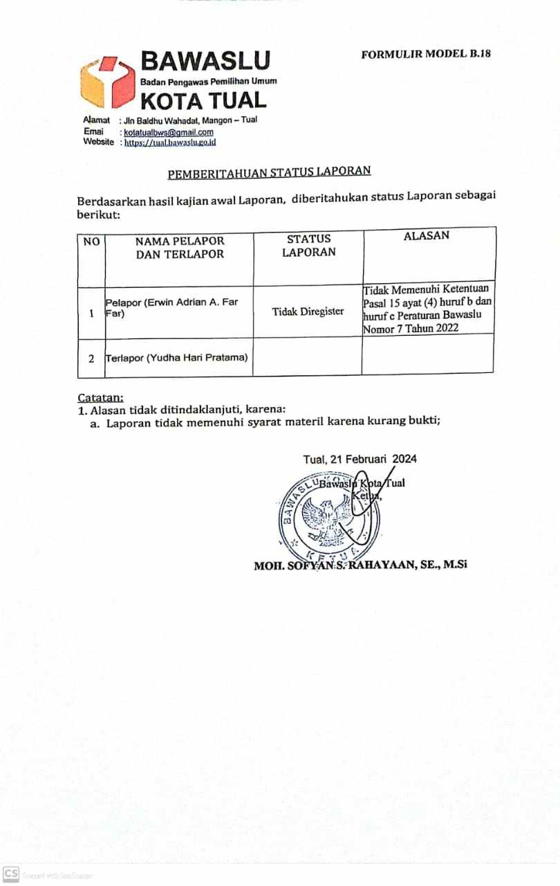 Ini bukti surat Bawaslu Kota Tual soal status laporan