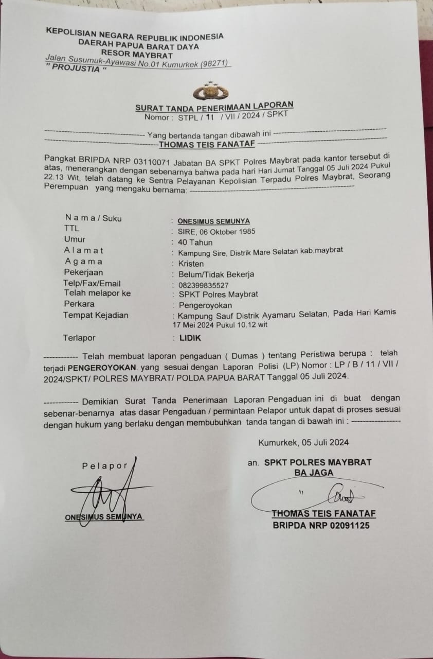 Lebih Setahun Menggantung, Advokat Ham Soroti “Kematian” Laporan Polisi Jurnalis Papua Di Polres Maybrat 1 Ini bukti laporan polisi di polres maybrat