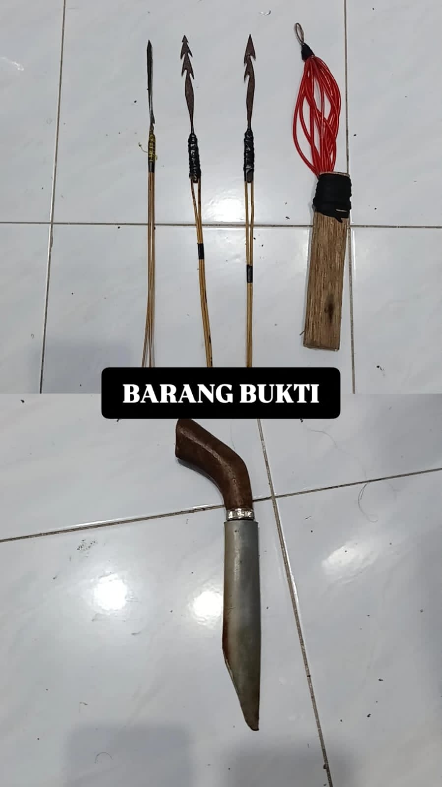 D.F. tertangkap tangan menguasai sebila pisau, katapel, serta sejumlah anak panah (panah waer) yang diduga kuat akan digunakan untuk menyerang Kompleks Mangga Dua Langgur.