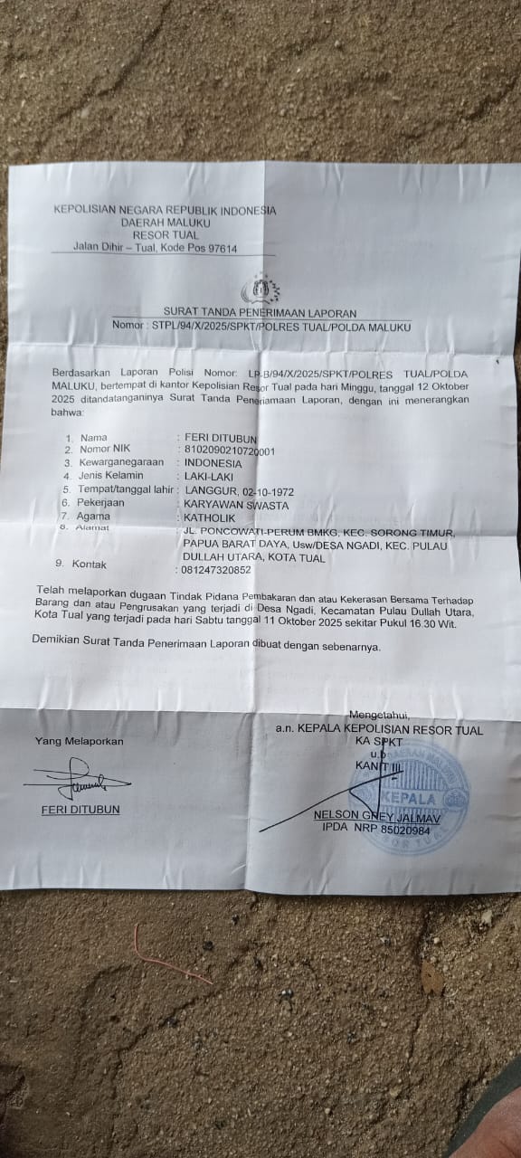 Ini bukti laporan polisi yang dibuat pelapor, Feri Ditubun di SPKT Polres Tual, 12 Oktober 2025