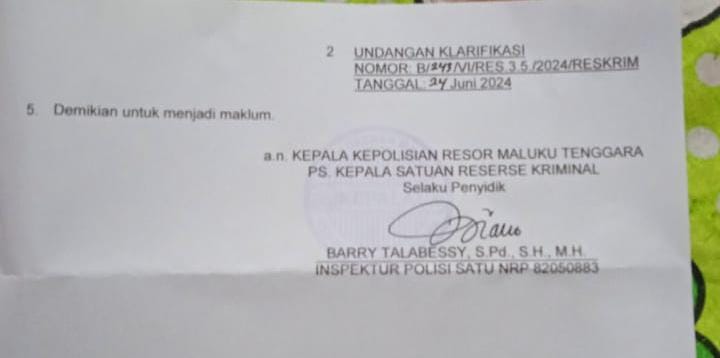 Ini bukti surat undangan permintaan keterangan warga Ohoi Madwaer oleh penyidik Tipidkor Polres Malra yang ditandatangani Kasat Reskrim Polres Maluku Tenggara