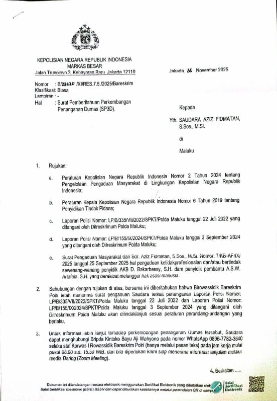 Mabes Polri Turun Tangan! 8 Tahun Kasus Mandek, Dugaan Alat Bukti Palsu Di Maluku Akhirnya Disorot Bareskrim 1 Ini bukti surat dari biro wassidik bareskrim polri kepada aziz fidmatan