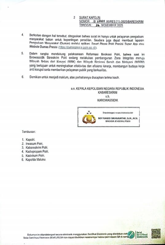 Mabes Polri Turun Tangan! 8 Tahun Kasus Mandek, Dugaan Alat Bukti Palsu Di Maluku Akhirnya Disorot Bareskrim 2 Ini bukti surat dari biro wassidik bareskrim polri kepada aziz fidmatan