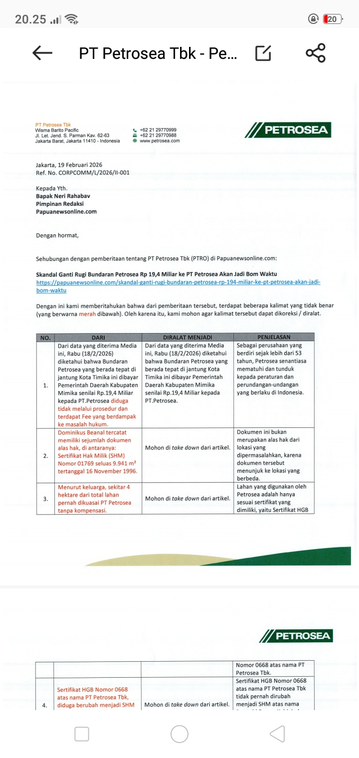 Ini bukti surat resmi PT Petrosea Tbk kepada Pimpinan Redaksi Papuanewsonline.com